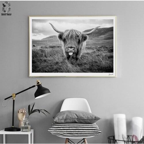 Highland Cattle Canvas Art Posters and Prints Painting, Black White Cow Portrait Wall Pictures for Home Decoration, Wall Decor