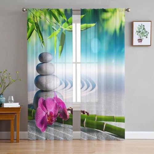 Zen Bamboo Stone Nature Sheer Curtains for Girl Kids Bedroom Kitchen Window Drapes Curtain Home Decoration