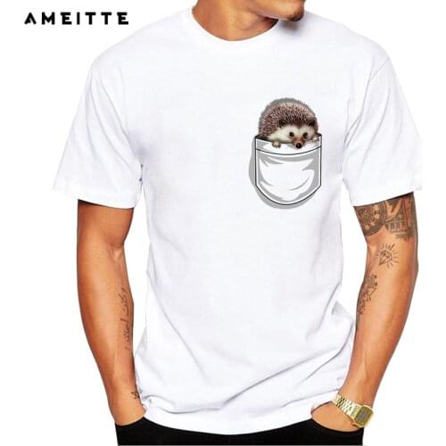 Cute hedgehog in pocket T-Shirt Summer customied animal pocket t shirt Mens Novelty Hipster Short Sleeve Basic Tops Tee