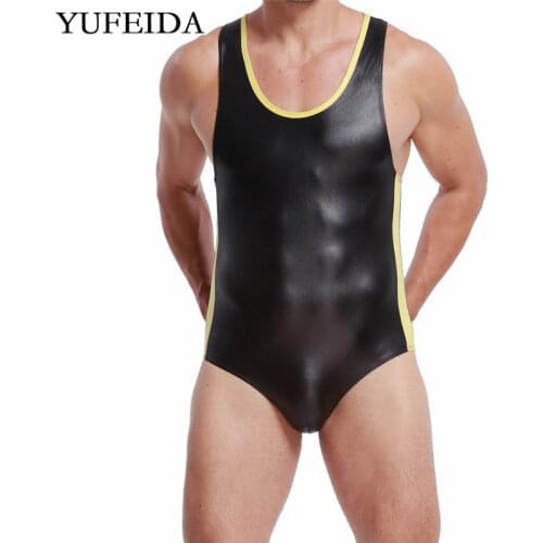 Mens Undershirts PU Leather One-piece Jumpsuits Underwear Bodysuit Vest Wrestling Singlet Leotard Dance Clubwear Sexy Gay Briefs