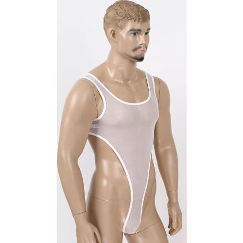 Mens Exotic Teddies Bodycon See Through Sheer Mesh Jockstraps Lingerie High Cut Catsuit Wrestling Singlet Bodysuit Costumes