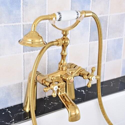 Deck Mounted Modern Polished Gold Brass Bathroom Tub Faucet Set with 150CM Handheld Shower Spray Head Bath Mixer Tap 2tf786