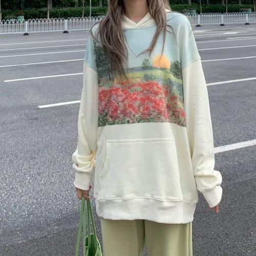 Autumn loose student casual oil painting print hooded long-sleeved sweatshirt women