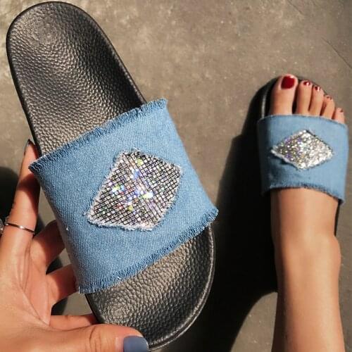 Dazzling Color crystal denim slides woman slip on open toe flip flops outside slippers bling rhinestones jeans shoes women 2020