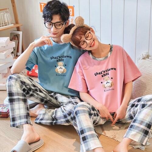 Couple Pajamas Set Cotton Summer Short-Sleeved Long Pants Cartoon Sleepwear For Women Plus Size Mens Nightwear Female Home Wear