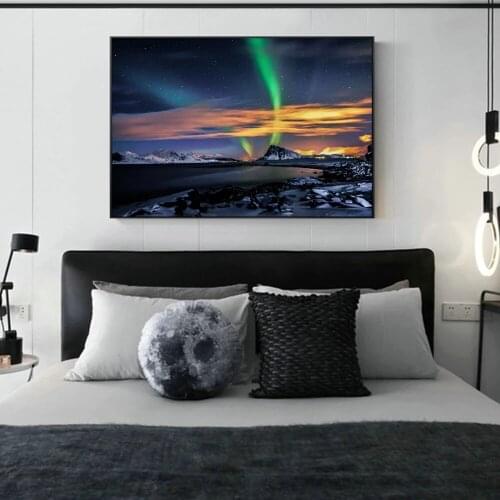 Northern Lights Over Mountains Wall Art Canvas Prints Modern Northern Lights Vareid Flakstad Nordland Norway Canvas Art Painting