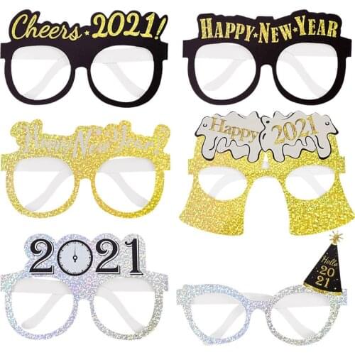 6pcs/lot Happy New Year 2021 Decoration Glitter Paper Glasses Cheers 2021 Photo Prop Eve Festival Party Decor Eyeglasses Frame
