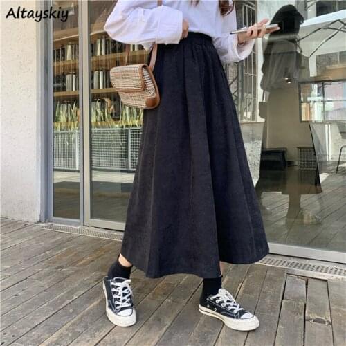Skirts Women Spring School Girls New Arrival Simple Long Skirt for Lady Harajuku Elastic Solid Leisure Daily A-Line Student 2020