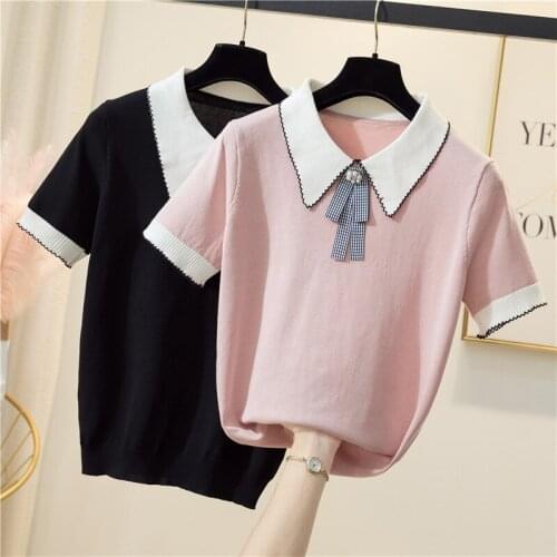 Pure cotton T-shirt women 2021 summer new womens casual Patchwork color knit sweater bow slim pullover large size sweater