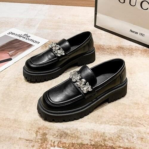 College Girls crystal mall leather shoes for women flats square toe loafers brogue chunky heels thick soled diamond oxfords 2021