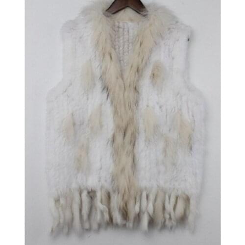 Female warm coat tassels raccoon fur collar waistcoat/jackets classic woven knitted vest women genuine natural real rabbit fur