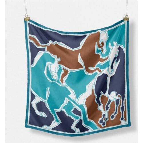 Twill Silk Scarf Woman Three Horse Print Square Scarves Wraps Bandana Small Hijab Foulards Lady Tie Headband Neckerchief 53CM