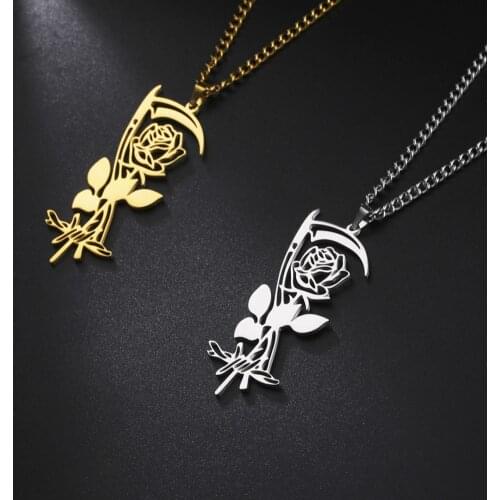LIKGREAT Goth Sickle Skull Head Rose Flower Pendant Necklace Stainless Steel Charm Punk Jewelry for Men Women
