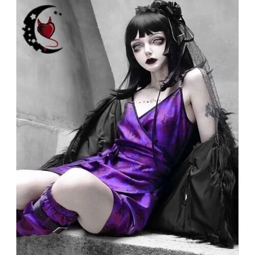 Original Design Purple Butterfly Dark Gothic Sleeveless V-neck Sling Dress Lace-up Slim Waist Sexy Women Punk Mini Dress