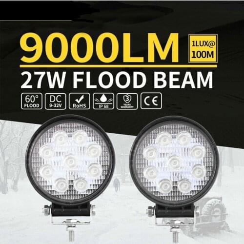 2Pcs Car Lights 27W 4WD Reverse Truck LED Work Headlights Light 6000K Single Bar Driving Offroad Flood Lamp
