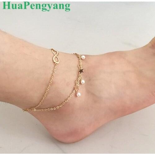 2018 New Europe and the United States Personality tassel Double Star Pearl 8 Character Anklets Foot accessories