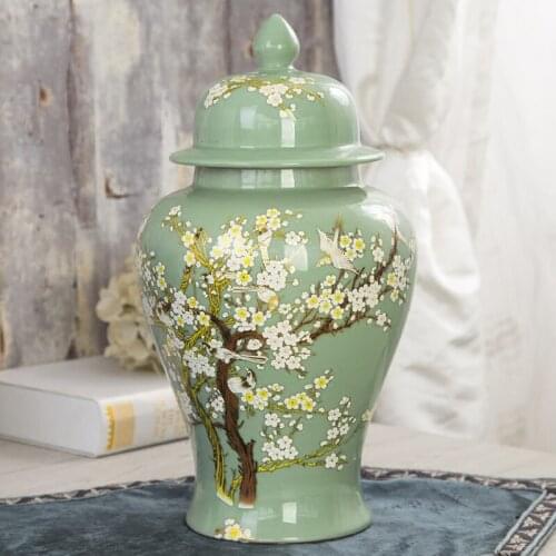 Jingdezhen ceramic Temple Jar Large Storage jar pot Living Room Soft Decoration plum blossom green coloured glaze porcelain jar