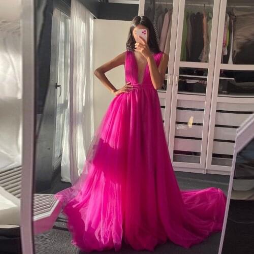 Sevintage Elegant A Line Prom Dresses Fuchsia Tulle Simple 2021 Evening Gowns Sexy Deep V Neck Special Occasion Dress Plus Size