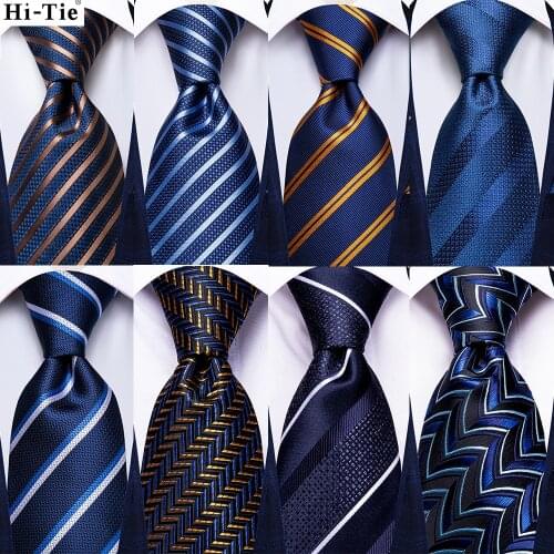 Hi-Tie Navy Blue Striped Solid Silk Men Wedding Tie Gift Necktie For Men Quality Hanky Cufflink Business Party Fashion Designer