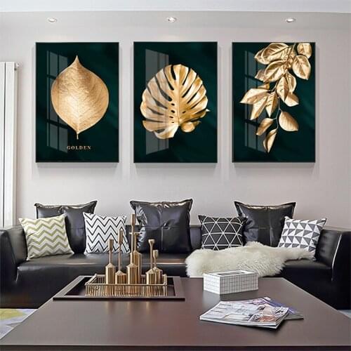 Modern Dark Green Background Golden Leaves Canvas Painting Wall Art Prints Poster Pictures for Living Room House Interior Decor
