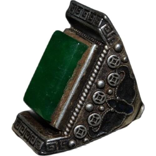 China Old Tibetan Silver Emerald Inlaid Tibetan Silver Solid Ring