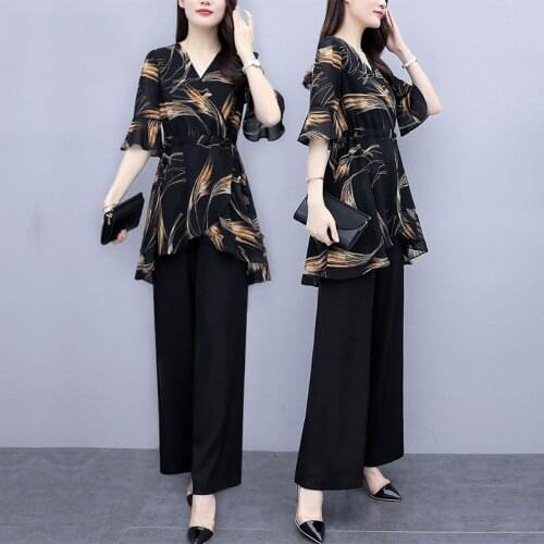One/Two Piece Suit Summer Women Fashion Digital Print Chiffon Blouse Loose-Fitting Lace-Up Belt Wide-Leg Pants Sets Mother Suits