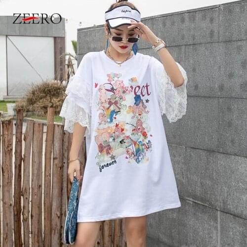 Summer Women White Loose Lace Patchwork Floral Embroidery Sequins T Shirt Dresses Streetwear Black Casual Mini Woman Dress