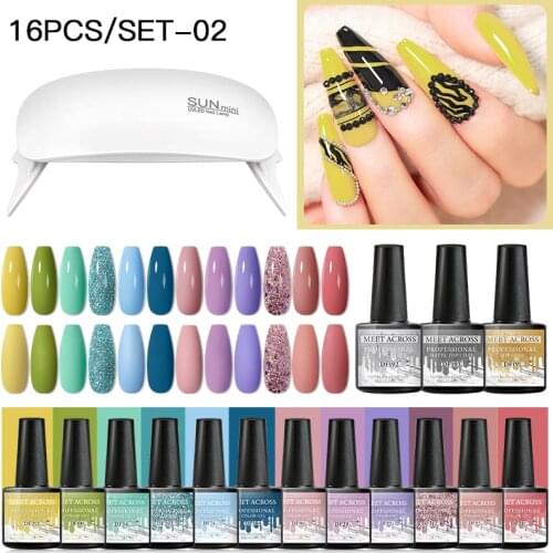 MEET ACROSS 30pcs UV Gel Nail Polish Set Semi Permanent Glitter Color Gel Varnish Soak Off UV Led Gel WIth Base Top Coat Set