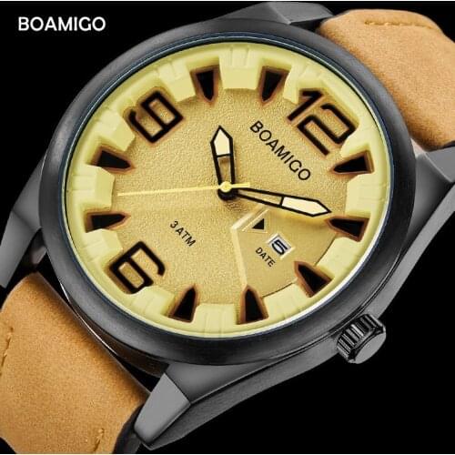 BOAMIGO Leather Mens Watches Sports Casual Quartz Wristwatches Waterproof Analog Big Date Clock Watch relogio masculino time new
