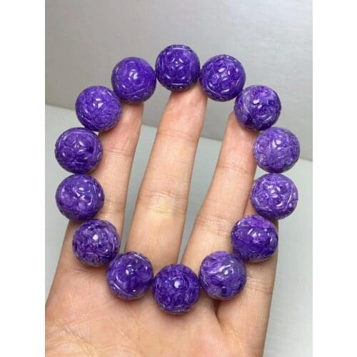 Genuine Natural Charoite Purple Craved Round Bead Bracelets Women Men Stretch Crystal Charoite Bracelet 16mm AAAAA Certificate