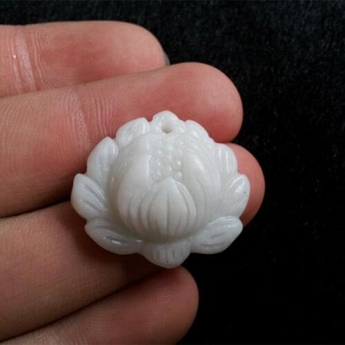 Natural White Green Chinese Lantian Jade Lotus Pendant Necklace Charm Jewelry Double-sided Hollow Carved Amulet Gifts for Her