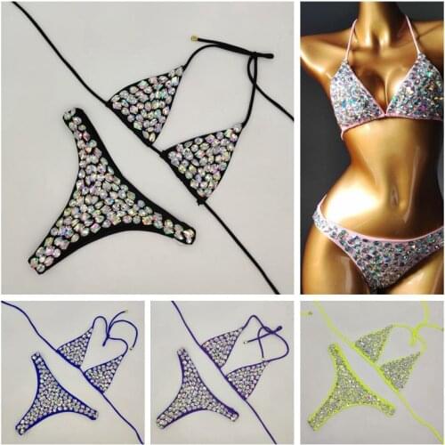 Neon Color Bikini Set Women Diamante Carnival Bra rhinestone Sexy Night Club Panties Rave Festival Bikini Set Burning Man Outfit