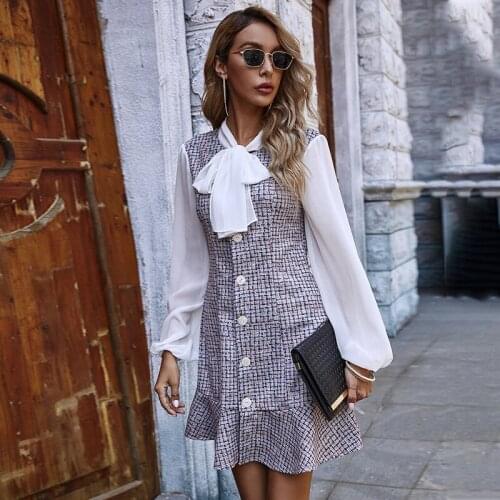 2020 Autumn Women Dress For Female Long Sleeve Butterfly collar Dress Puff sleeve ruffle Single-breasted A-line skirt robe femme