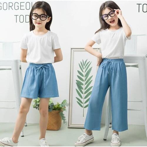 3-10T Girls Wide Leg Pants Summer Thin Kids Denim Jeans Trousers School Children Casual Solid Color Loose Clothes