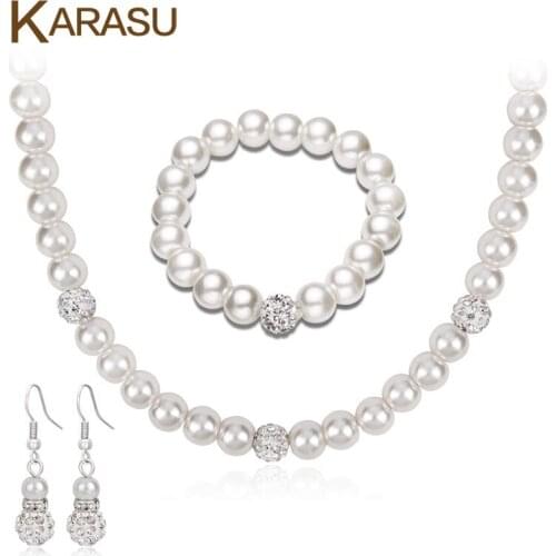 New Rhinestones Simulated Pearls Necklace Earrings Bracelet Set Black Big Beads Jewelry Sets for Women Jewelry
