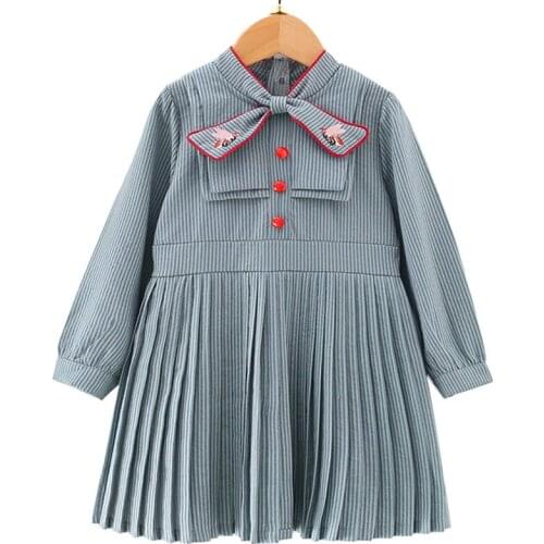 Girls Dresses 2020 Autumn New Childrens Wear Girls Fashion Striped Bow Long Sleeve Comfortable Pleated Dress