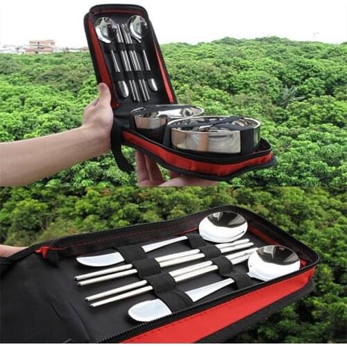 Portable Outdoor Camping Stainless Steel Tableware Sets Picnic Tablewares