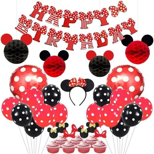 40pcs Minnie Mouse Themed Party Supplies Birthday Decorations Red and Black for Girls, Ear Headband Banner for Birthday Decorati