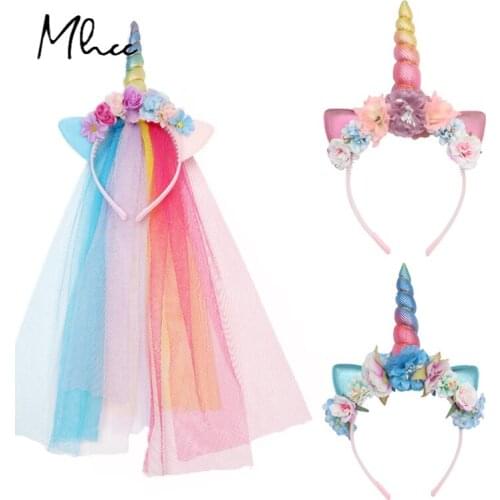 Unicorn Headband Kids Sweet Floral Horn Hair Band Birthday Party Handmade Princess Headwear Wedding Cosplay Hair Accessories