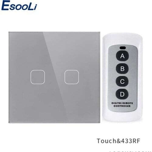 Esooli EU Standard 2 Gang 1 Way Wireless Remote Control Touch Switch Remote Wall Light Switch With Crystal Glass Panel