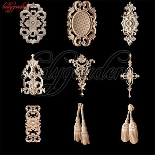Woodcarving Furniture Decoration Style SolidWood Round Applique Door Heart Decorative Flower Carved Applique Window Door Decor