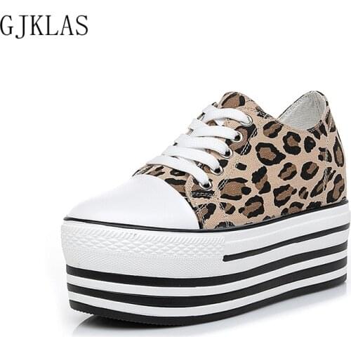 Leopard Print Platforms High Heel Sport Wedges Shoes for Women Canvas Vulcanize Shoes Platform Sneakers Comfy Chunky Shoes Woman
