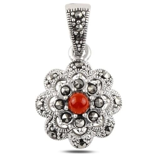 Silver 925 Sterling Red Agate & Marcasite Pendant
