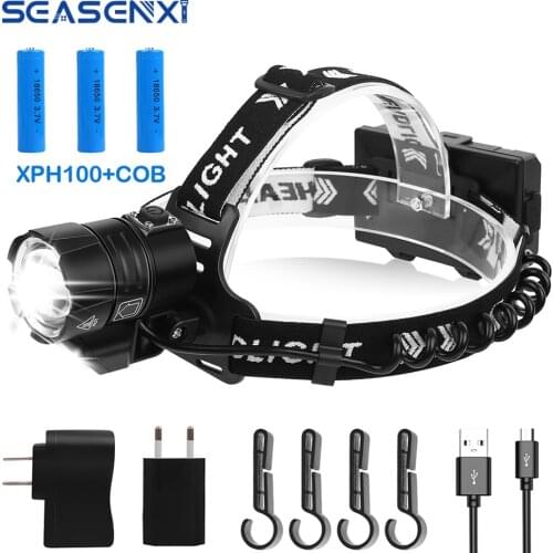 SEASENXI XHP100 COB+LED Headlamp USB Rechargeable Headlight Bulid in 3*18650 Battery Hunting Camping Waterproof Head Torch