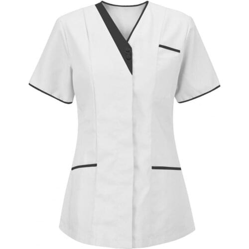 Summer Women T-shirt V Neck Pockets Short Sleeve Buttons Working Uniform for Nursing Formal Wear Clothing