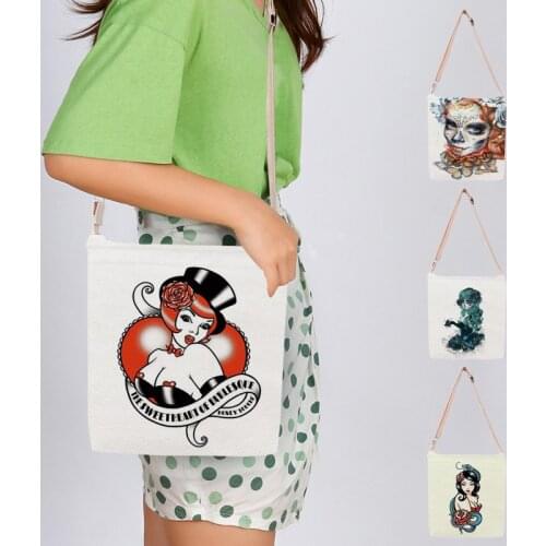 Custom Black Skull Girl Tattoo Printing Canvas Crossbody Messager Bags Women 2021 Floral Skull Shoulder Handbag Large Tote Bags