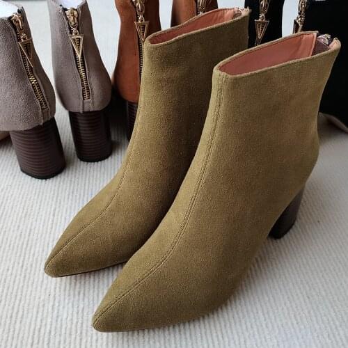 Women Ankle Boots natural leather shoes 22-26.5cm Cow suede upper Fashion casual short boots Spring and autumn green shoes