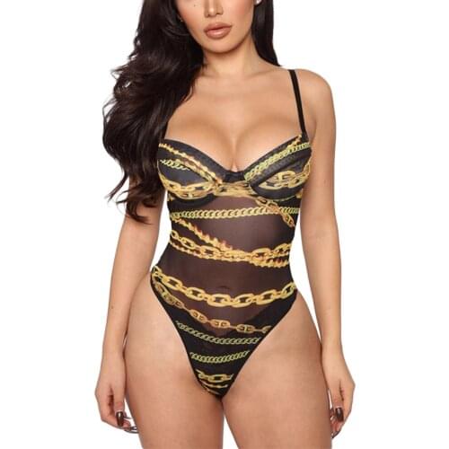 Women Sexy Swimwear See-through Bodysuit Black Chains Printed Pattern Sleeveless V-neck 1Piece Suits Sportswear