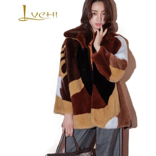 LVCHI 2019 Winter Velvet Mink Fur Coat Real Fur Contrast Color Coats Women Full Sleeve Turn-Down Collar Medium Mink Fur Coats