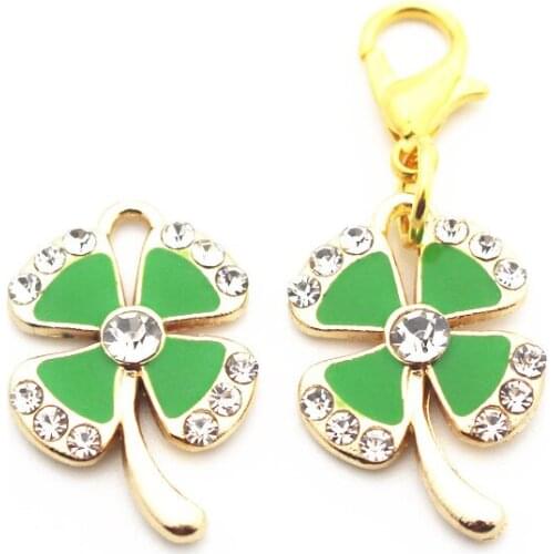 20pcs/lot Alloy Crystal golden Clover Dangle Charms Lobster Clasp Hanging Charm For Bracelet&Pendant Hang Accessories